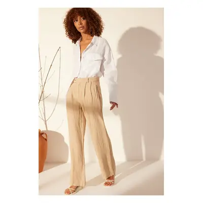 Trendyol Beige 100% Linen Pleated High Waist Wide Leg Trousers