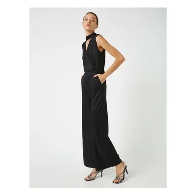 Koton Women's Black Wide Leg Jumpsuit with Window Detail