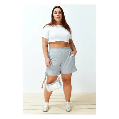 Trendyol Curve Grey Button Detail 100% Cotton Knitted Plus Size Shorts & Bermudas