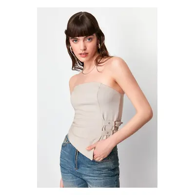 Trendyol Mink Strapless Fitted Belt Buckle Detail Woven Blouse