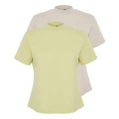 Trendyol Curve Oil Green-Grey Pack 100% Cotton Basic Stand Collar Knitted T-Shirt