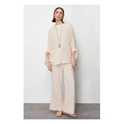 Trendyol Beige Bat Sleeve Woven Aerobin Tunic-Pants Suit