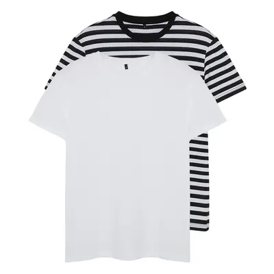 Trendyol White-Black Striped Basic Regular/Normal Cut 2-Pack Short Sleeve T-Shirt