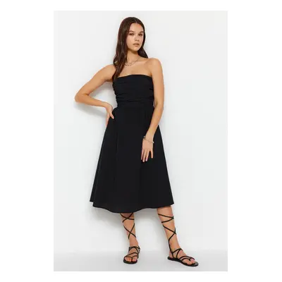 Trendyol Black A-Cut Ribbed Detailed Poplin Woven Dress