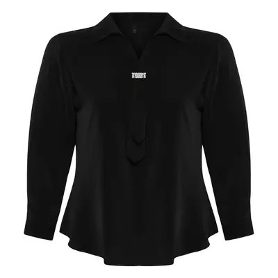 Trendyol Curve Black Woven Plus Size Stone Shirt Collar Blouse