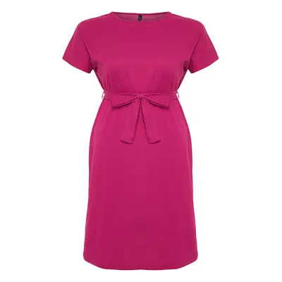 Trendyol Curve Fuchsia Belted Crew Neck 100% Cotton Knitted Dress