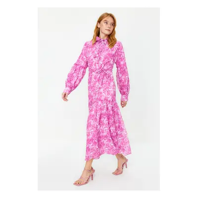 Trendyol Pink Belted Woven Lined Chiffon Floral Dress