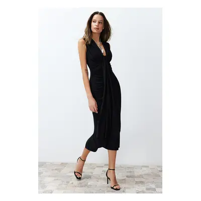 Trendyol Black Fitted Draped Knitted Elegant Evening Dress