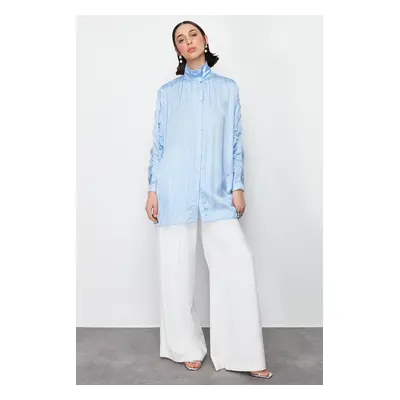 Trendyol Blue Glitter Striped Sleeve Gathered Woven Shirt