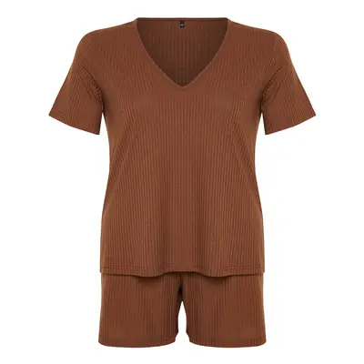 Trendyol Curve Brown V Neck Camisole Knitted Pajamas Set