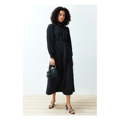 Trendyol Black Cat Ladder Lace Detailed Belted Woven Dress