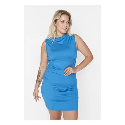 Trendyol Curve Sax With Shirring Details, Round Neck Knitted Dress