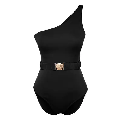 Trendyol Black Belted One Shoulder Regular Swimsuit with Premium Accessories