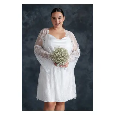 Trendyol Curve White Belted Lace Knitted Bridal Dressing Gown