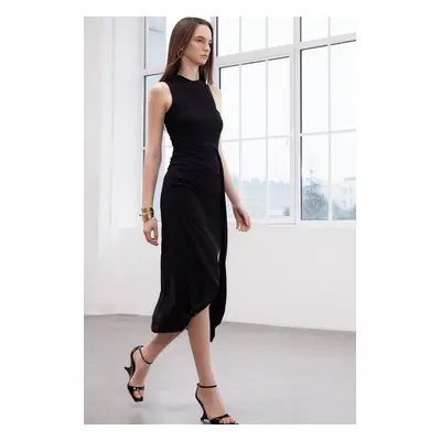 Trendyol Black Limited Edition High Collar Sash Detailed Fitted Knitted Flexible Maxi Dress