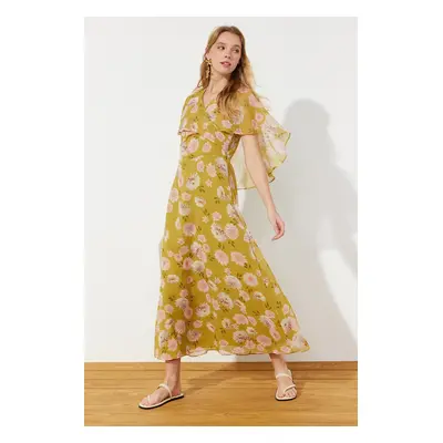 Trendyol Mustard Floral Half Sleeve Lined Woven Chiffon Dress