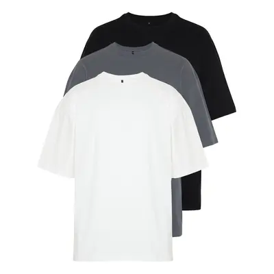 Trendyol Black-Anthracite-Ecru Oversize/Wide Cut 3-Pack 100% T-Shirt