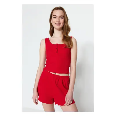 Trendyol Red Button Detailed Ribbed Cotton Singlet-Short Knitted Pajamas Set