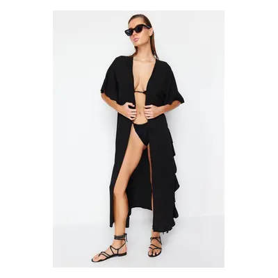 Trendyol Black Belted Maxi Woven Frilly Kimono & Kaftan