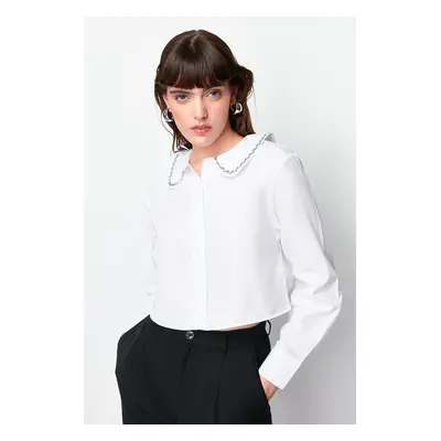 Trendyol Ecru Baby Collar Silver Stripe Detailed Crop Oversize/Wide Fit Woven Shirt