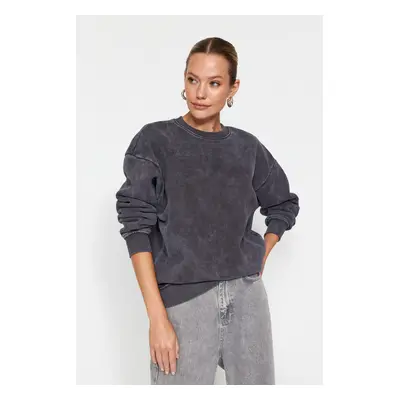 Trendyol Anthracite Anthracite/Faded Effect Thick Fleece Inside Oversize/Wide-Collar Knitted Swe