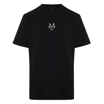 Trendyol Black Regular Cut Wolf Embroidered 100% Cotton T-Shirt