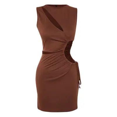 Trendyol Brown Fitted Mini Knitted Cut Out/Window Beach Dress