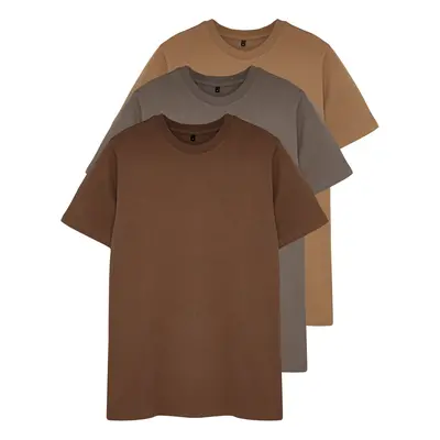 Trendyol Brown-Beige-Grey Slim/Slim Cut Crew Neck Basic 100% Cotton 3-Pack T-Shirt