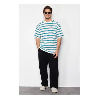 Trendyol Green Oversize Embroidered Striped 100% Cotton T-shirt