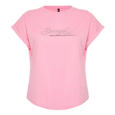 Trendyol Curve Pink Printed Oval Cut Boyfrind Knitted T-shirt