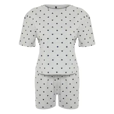 Trendyol Gray Melange 100% Cotton Heart Patterned T-shirt-Shorts Knitted Pajama Set