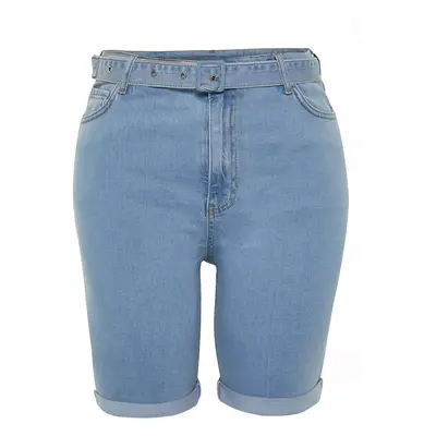 Trendyol Curve Light Blue Belted Flexible Skinny Denim Shorts