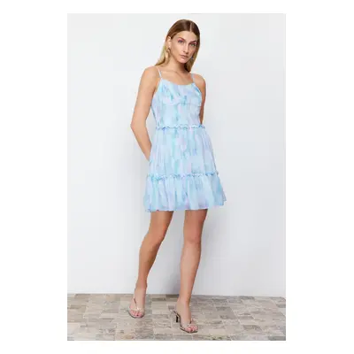 Trendyol Blue Patterned Waist Opening V-neck Mini Lined Chiffon Woven Dress