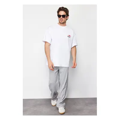 Trendyol White Oversize Printed Embroidered 100% Cotton T-Shirt