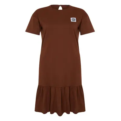 Trendyol Curve Brown Jersey 100% Cotton Knitted Plus Size Dress