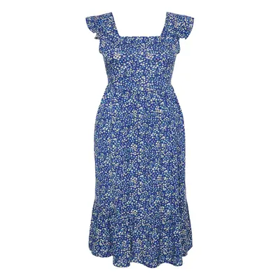 Trendyol Curve Navy Blue A-Line Midi Ruffled Floral Patterned Woven Dress