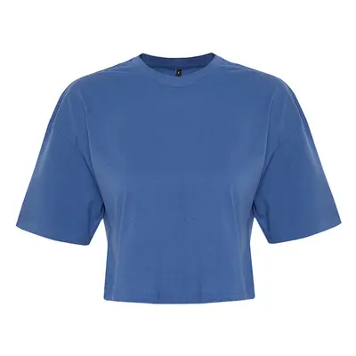 Trendyol Indigo 100% Cotton Crop Knitted T-Shirt with Pocket Embroidery Detail