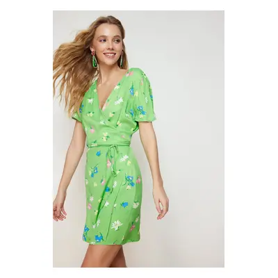 Trendyol Green Floral A-line Deep V-neck Satin Mini Woven Dress