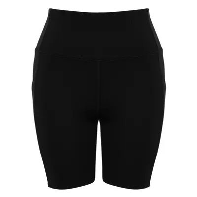 Trendyol Black Ribbed Restorer Waist Tulle Detailed Knitted Sports Shorts/Short Leggings