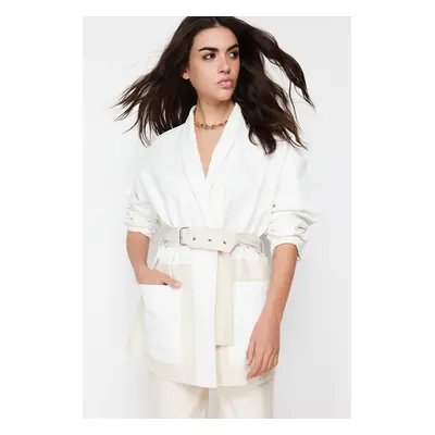 Trendyol White Color Block Belted Oversize Denim Jacket