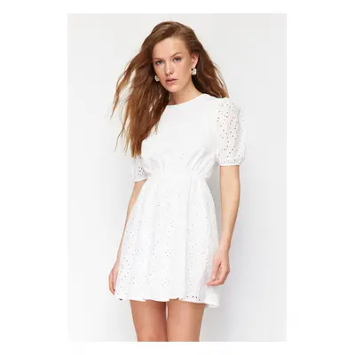 Trendyol Ecru A-Line Mini Embroidery Woven Dress with Elastic Waist