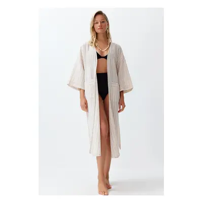 Trendyol Striped Belted Maxi Woven Linen Blend Kimono & Kaftan