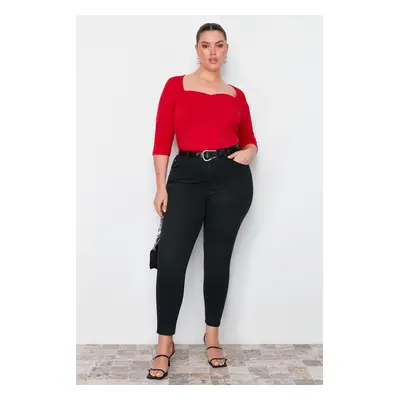 Trendyol Curve Red Heart Neck Fitted Knitted Blouse