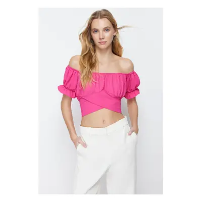 Trendyol Pink Tie Detailed Carmen Collar Woven Blouse