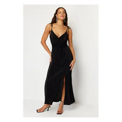 Trendyol Black Belted A-Cut Lined Pleated Knitted Elegant Evening Dress