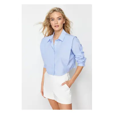 Trendyol Blue Stoned Crop Woven Shirt with Padded Sleeves