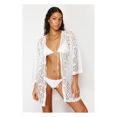 Trendyol Ecru Mini Knitted Lace Beach Kimono & Kaftan