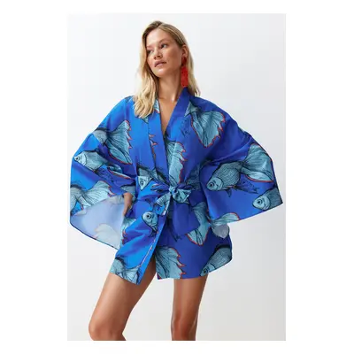 Trendyol Underwater Patterned Belted Flounce Mini Woven Beach Kimono&Caftan