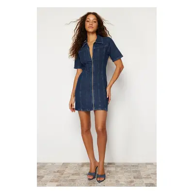 Trendyol Dark Blue Zippered Fitted Mini Denim Dress