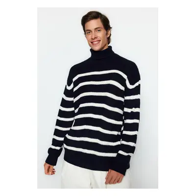 Trendyol Navy Blue Casual Unisex Oversize Fit Wide Pattern Striped Knitwear Sweater